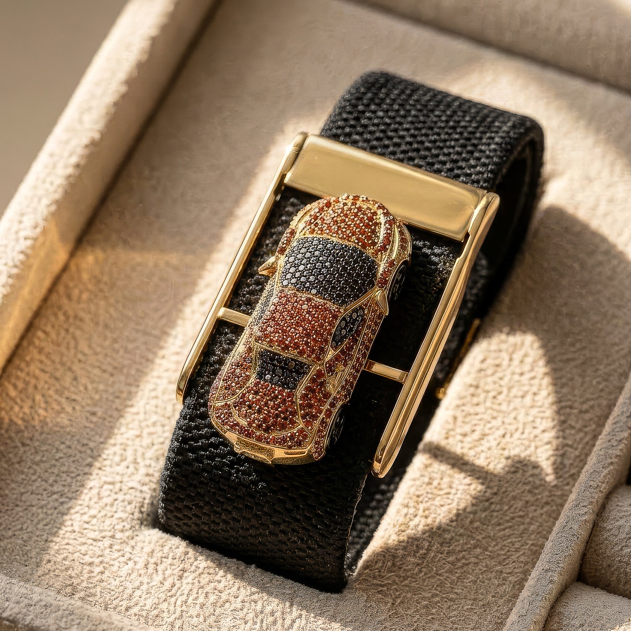 Bespoke Ferrari Whoop Accessory | 18K Yellow Gold, Red Sapphires & Black Diamonds