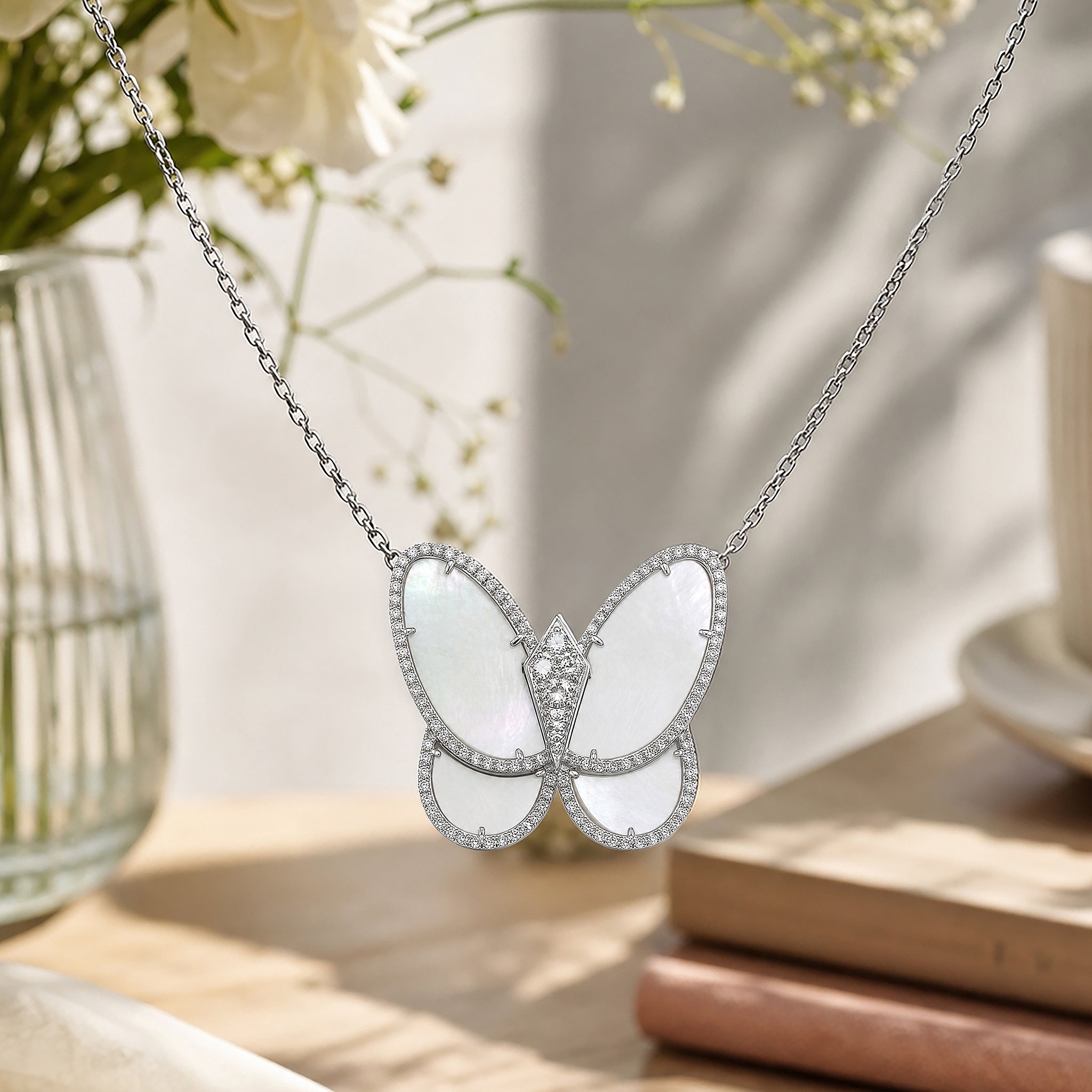 Butterfly Necklace | Silver, Mother of Pearl and Diamonds