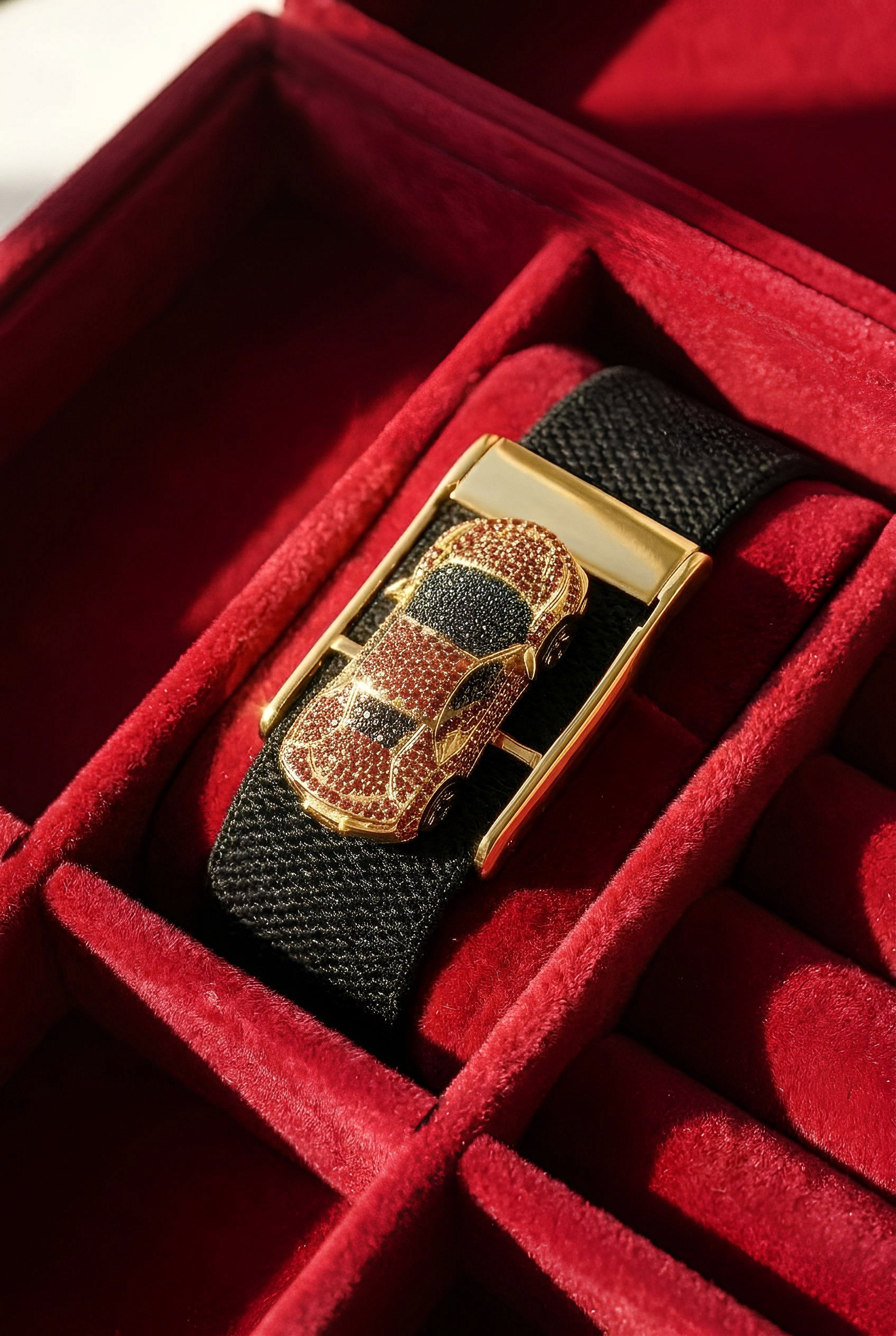 Bespoke Ferrari Whoop Accessory | 18K Yellow Gold, Red Sapphires & Black Diamonds