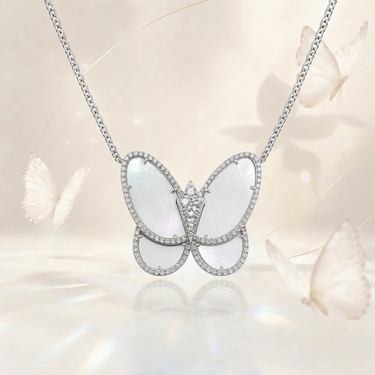 Butterfly Necklace | Silver, Mother of Pearl and Diamonds, view 2