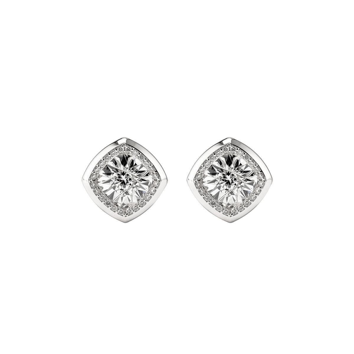Cushion Shaped Diamond Studs in white gold by Caleums