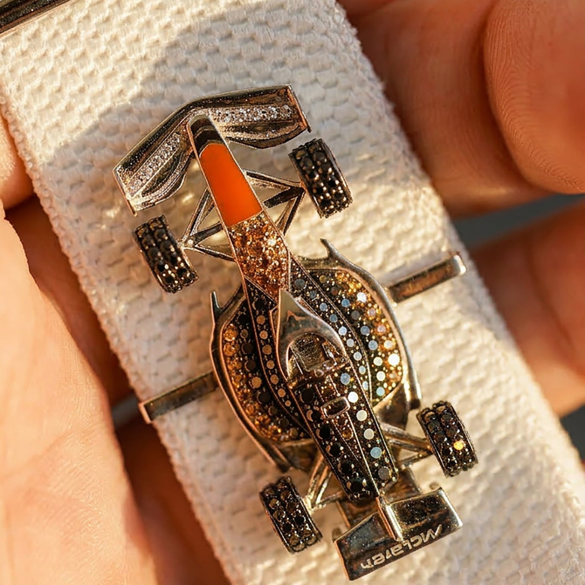 Bespoke McLaren F1 Whoop Accessory | 18K White Gold, Black & Yellow Diamonds