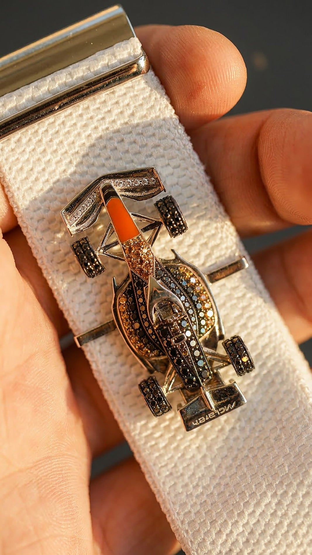 Bespoke McLaren F1 Whoop Accessory | 18K White Gold, Black & Yellow Diamonds