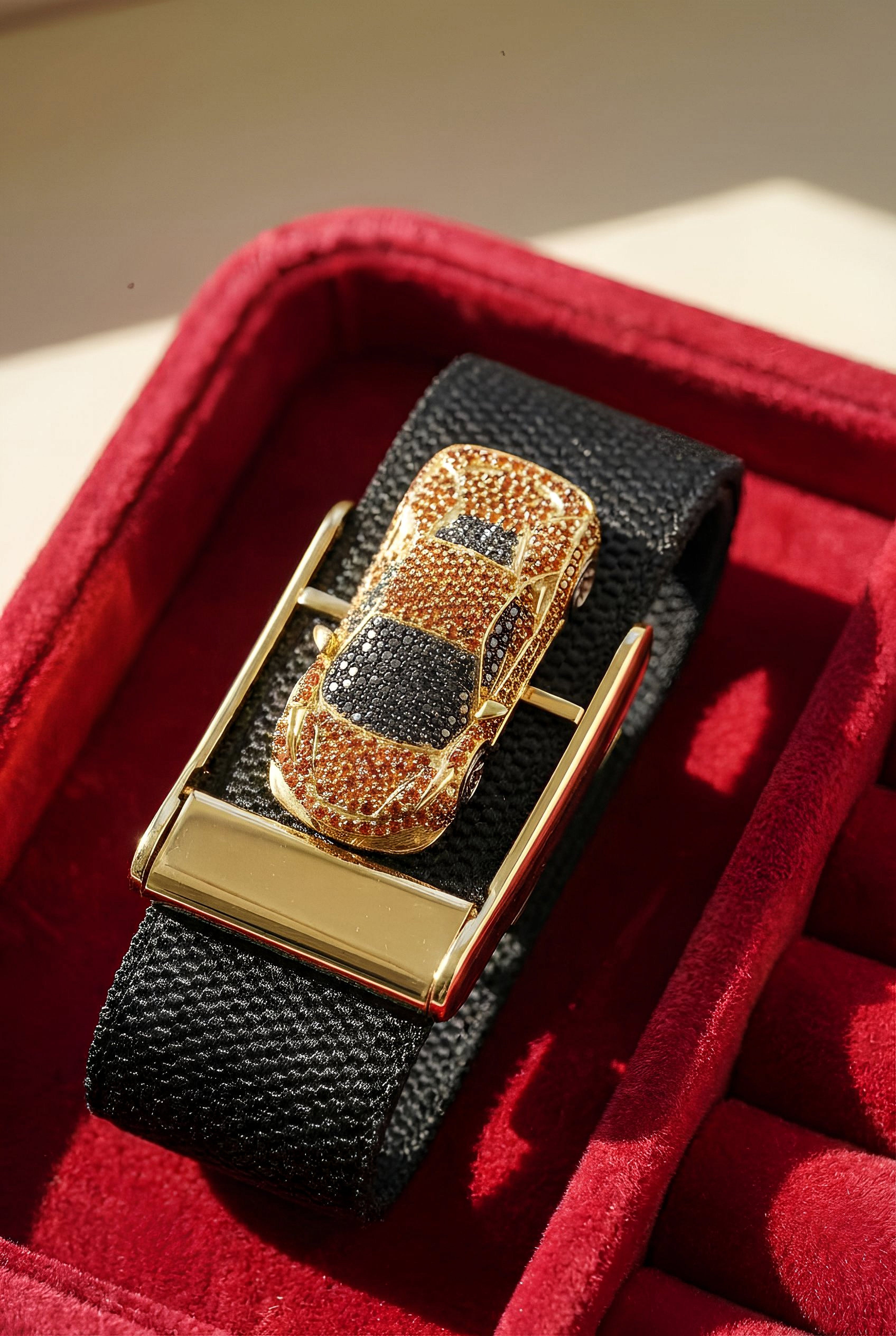 Bespoke Ferrari Whoop Accessory | 18K Yellow Gold, Red Sapphires & Black Diamonds