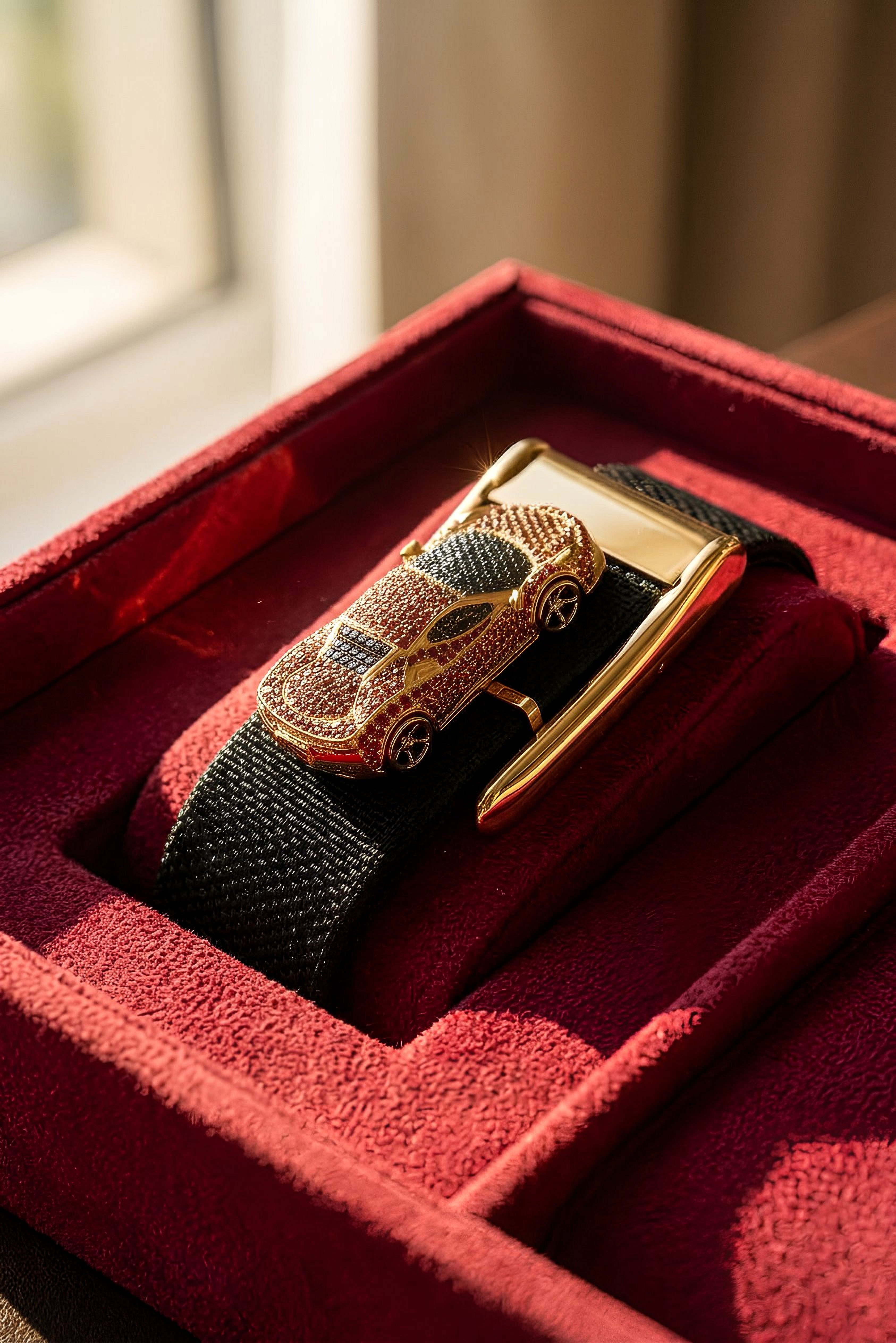 Bespoke Ferrari Whoop Accessory | 18K Yellow Gold, Red Sapphires & Black Diamonds