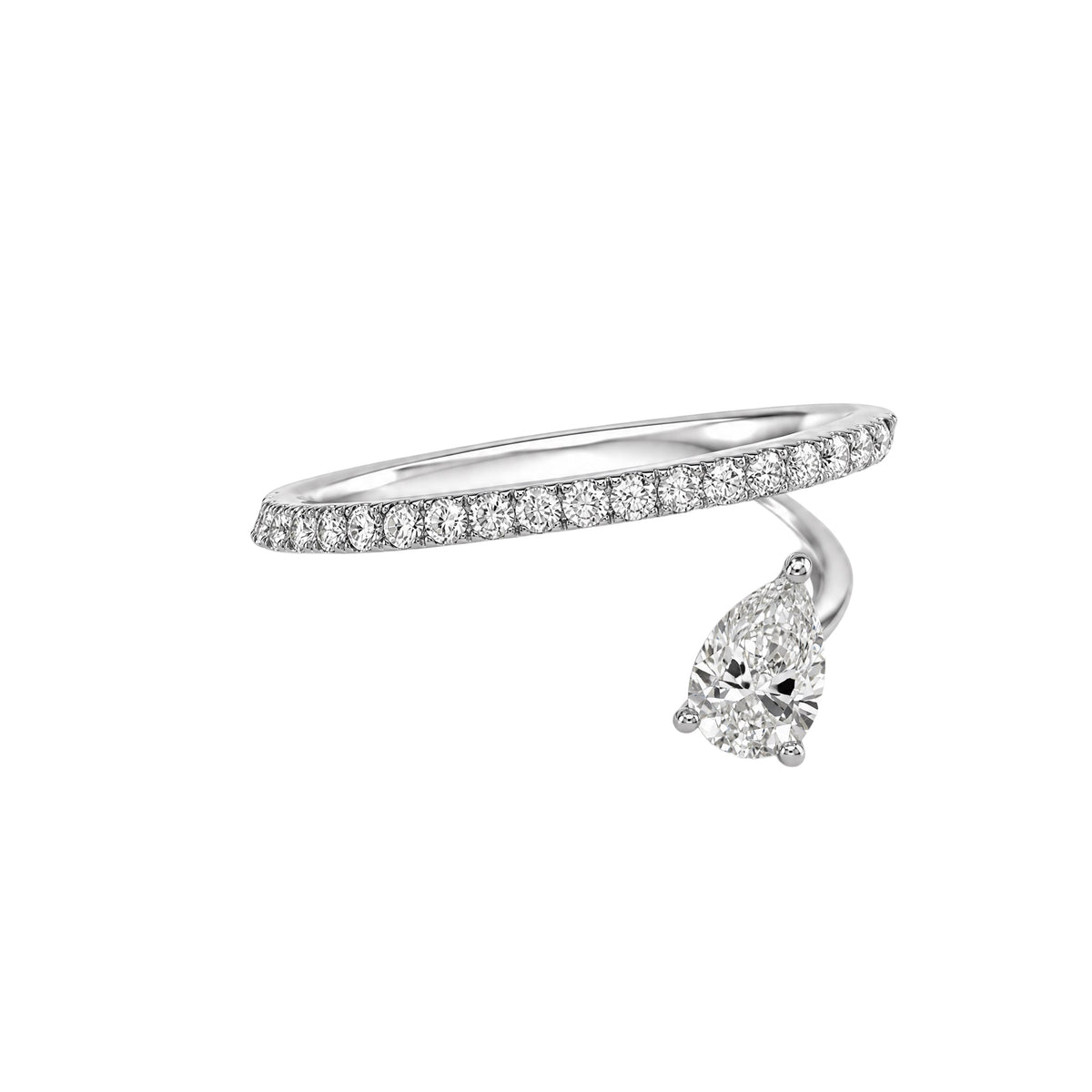 Hidden Orbit pear diamond wrap ring in 18K white gold – view 3
