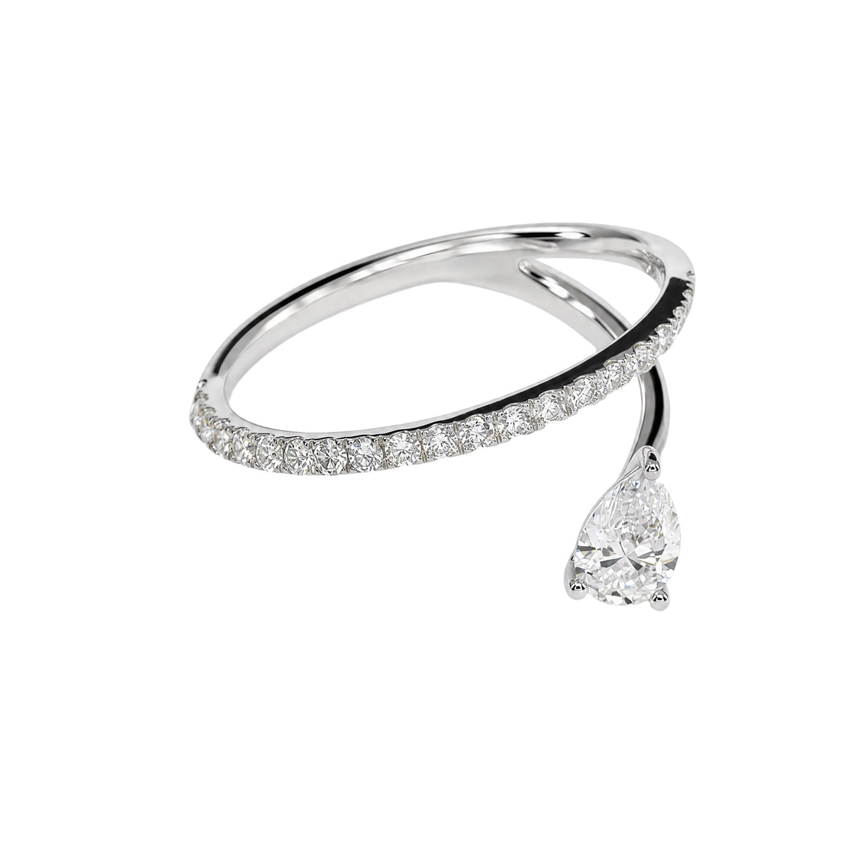 Hidden Orbit pear diamond wrap ring in 18K white gold – view 5